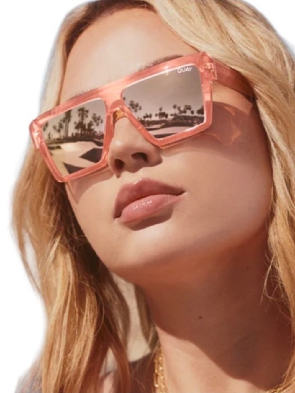 QUAY Base Line Sunglasses Blush Flat Brow Frame Champagne Mirror Lens
